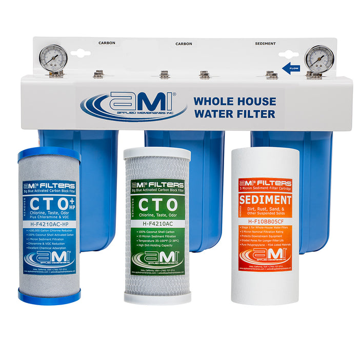 10" Big Blue 3 Stage | Whole House Water Filter System For Sediment, Chlorine & Chemical Reduction | Sediment + Carbon + Carbon