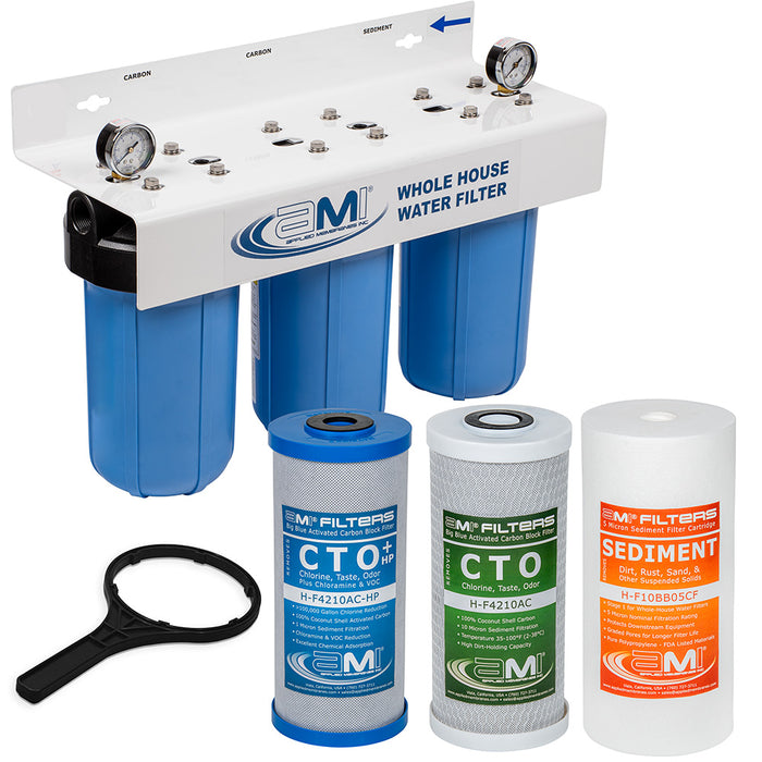 10" Big Blue 3 Stage | Whole House Water Filter System For Sediment, Chlorine & Chemical Reduction | Sediment + Carbon + Carbon