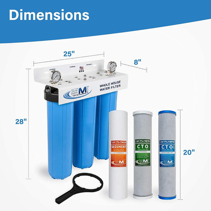 20" Big Blue 3 Stage | Whole House Water Filter System For Sediment, Chlorine & Chemical Reduction | Sediment + Carbon + Carbon