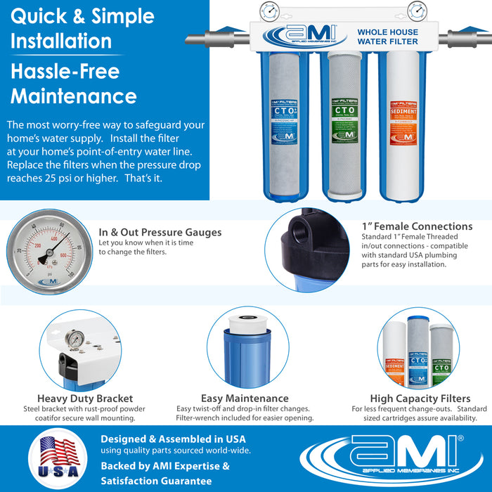 20" Big Blue 3 Stage | Whole House Water Filter System For Sediment, Chlorine & Chemical Reduction | Sediment + Carbon + Carbon