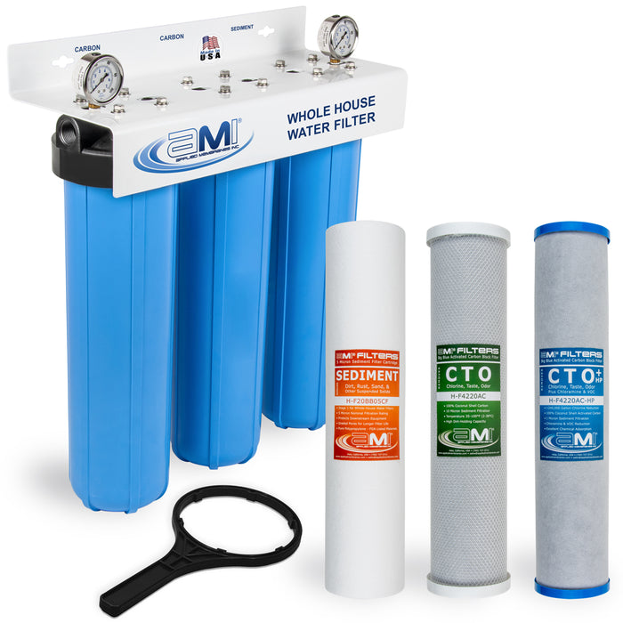 20" Big Blue 3 Stage | Whole House Water Filter System For Sediment, Chlorine & Chemical Reduction | Sediment + Carbon + Carbon