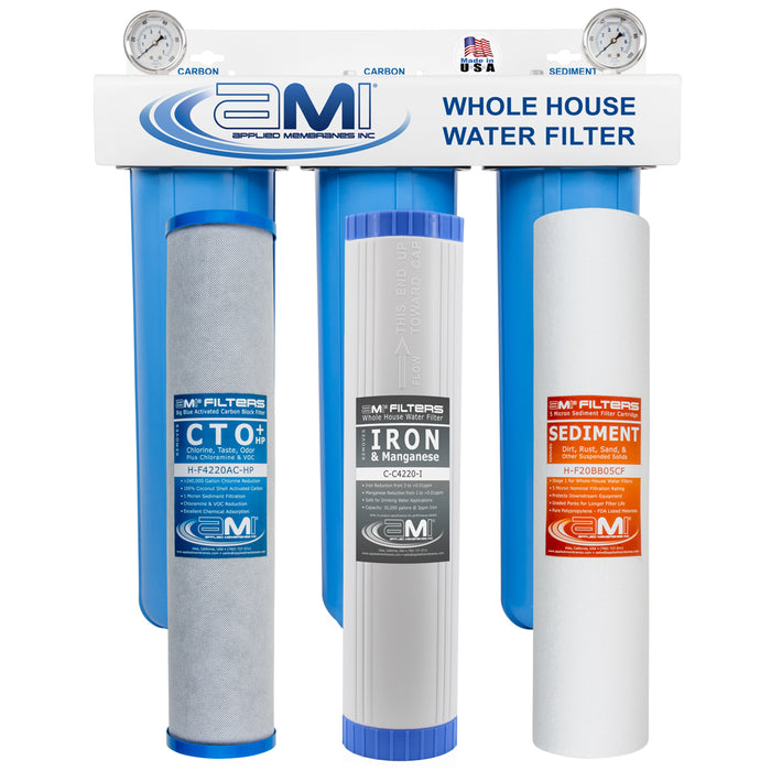 20" Big Blue 3 Stage | Whole House Water Filter System For Iron, Manganese, Sediment, Chlorine & Chemical Reduction | Sediment + Iron + Carbon