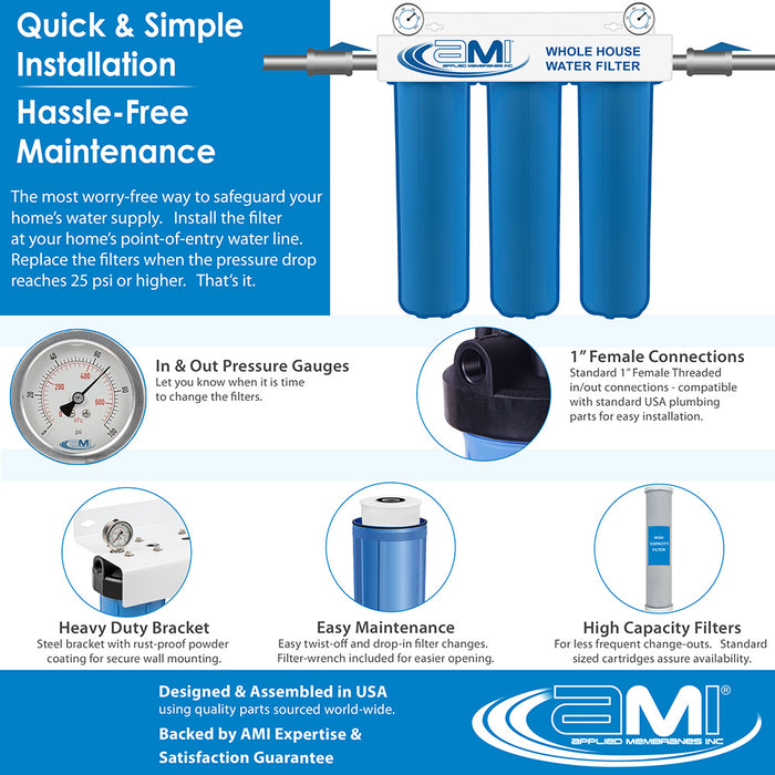 20" Big Blue 3 Stage | Whole House Water Filter System Removes Heavy Metal Toxins, Sediment, Chlorine & Chemical Reduction
