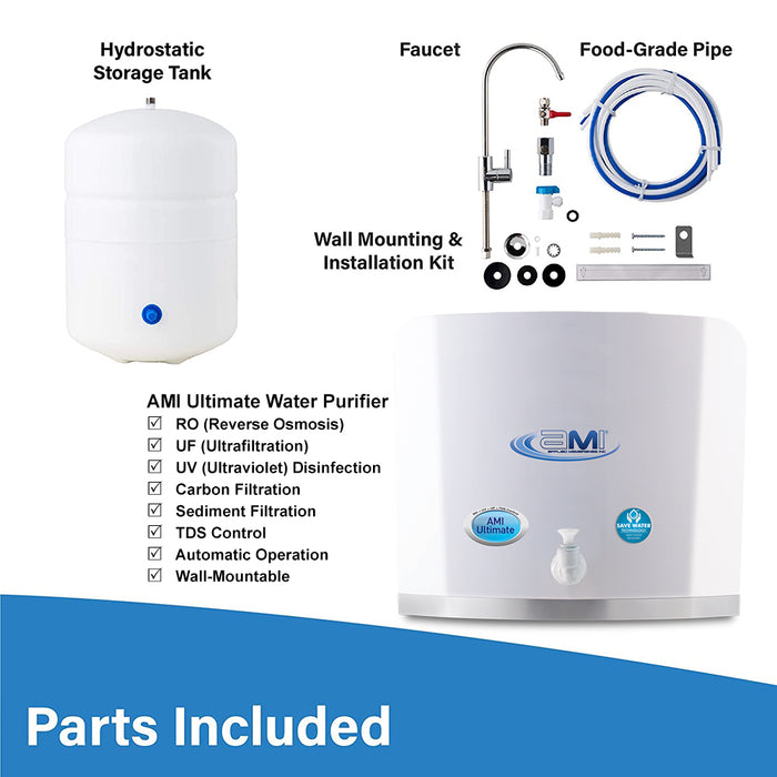 AMI Ultimate - High Flow Mineral RO + UF + UV Disinfection Drinking Water System with TDS Control & Booster Pump