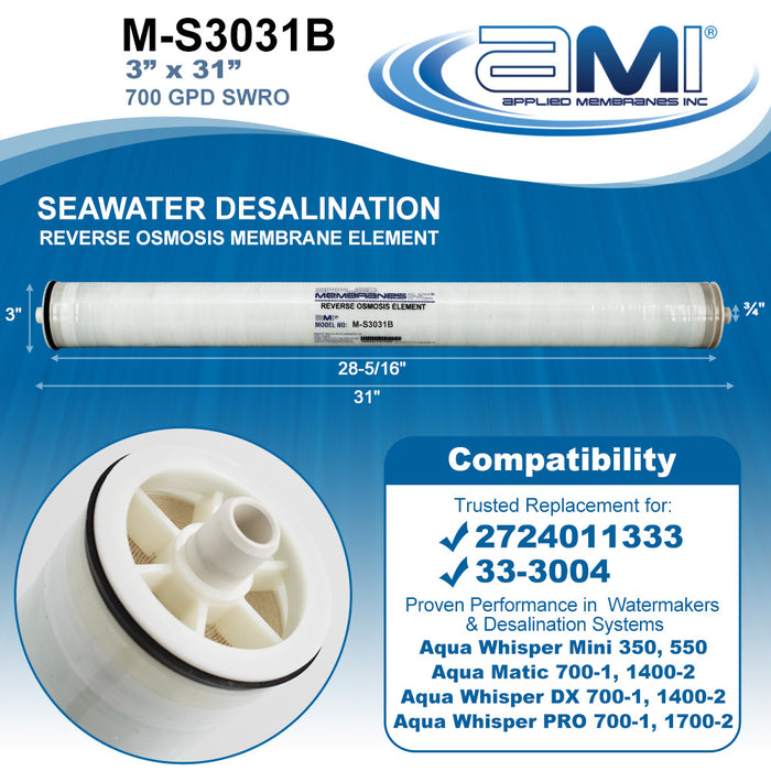 3"x31" | 700 gpd | Seawater RO Membrane for Sea Recovery Watermaker | Replaces 2724011333 & 33-3004