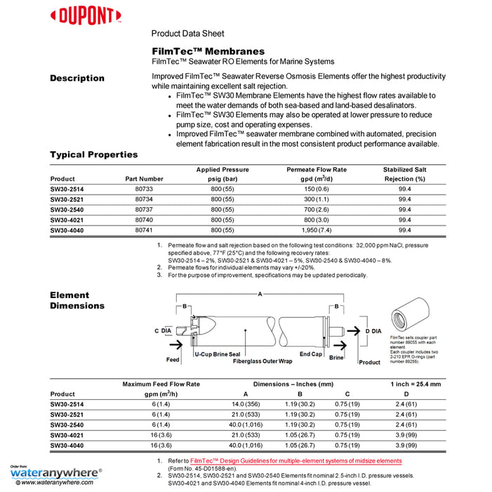 2.5"x40" | 700 GPD | 99.4% Salt Rejection | Watermaker | FilmTec Seawater Membrane