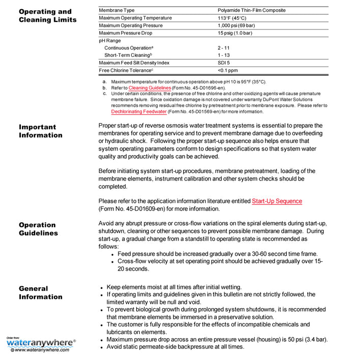 2.5"x40" | 700 GPD | 99.4% Salt Rejection | Watermaker | FilmTec Seawater Membrane