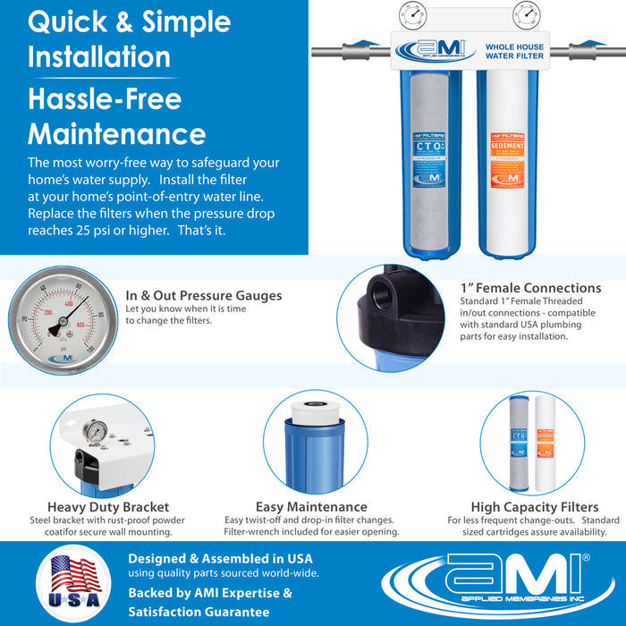 20" Big Blue 2 Stage | Whole House Water Filter System For Sediment, Chlorine & Chemical Reduction | Sediment + Carbon