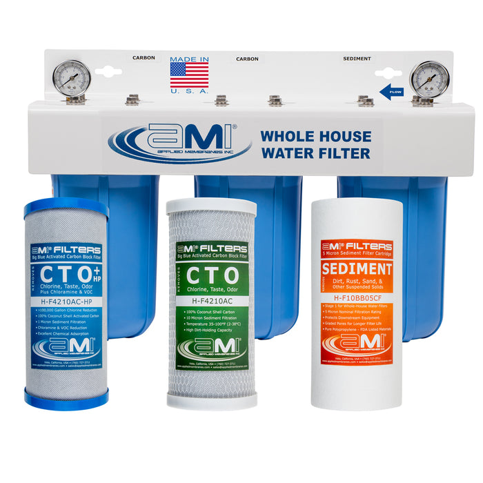 10" Big Blue 3 Stage | Whole House Water Filter System For Sediment, Chlorine & Chemical Reduction | Sediment + Carbon + Carbon