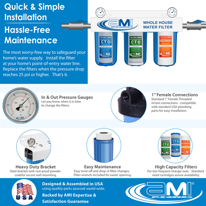 10" Big Blue 3 Stage | Whole House Water Filter System For Sediment, Chlorine & Chemical Reduction | Sediment + Carbon + Carbon