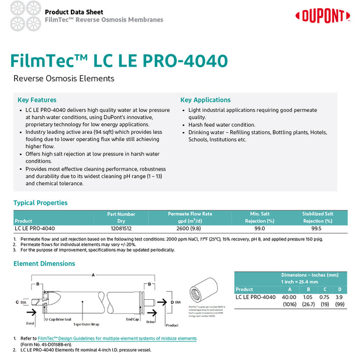 4"x40" | 2,500 GPD | Low Energy| Fiber Wrapped |  DuPont FilmTec (LC LE PRO-4040 Replaces DOW LC LE-4040)