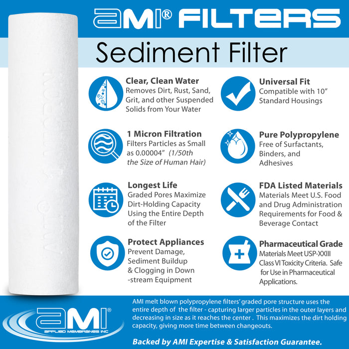 10" Sediment Water Filter | 1 Micron Filtration Rating | Melt-Blown Polypropylene Depth Filter