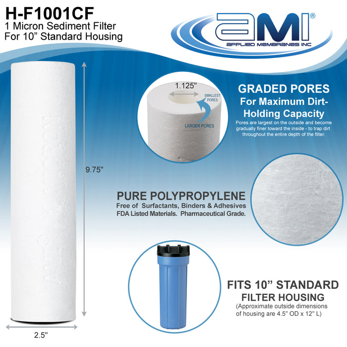 10" Sediment Water Filter | 1 Micron Filtration Rating | Melt-Blown Polypropylene Depth Filter