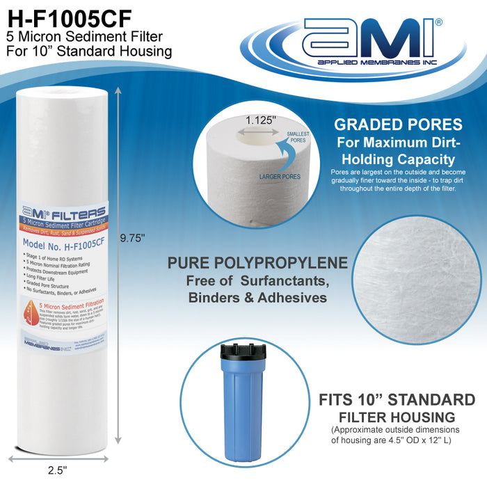 10" Sediment Water Filter | 5 Micron Filtration Rating | Melt-Blown Polypropylene Depth Filter