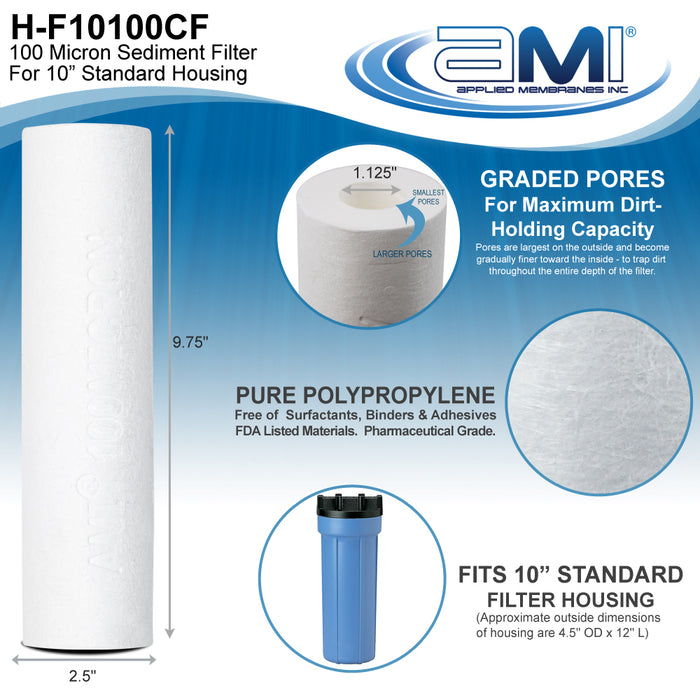 10" Sediment Water Filter | 100 Micron Filtration Rating | Melt-Blown Polypropylene Depth Filter