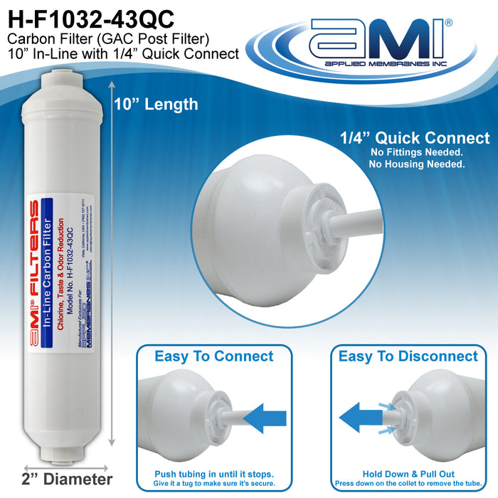 AMI In-Line Carbon Filter for Water Filtration | 2.5" Dia. x 10" Length | 1/4" Quick Connect