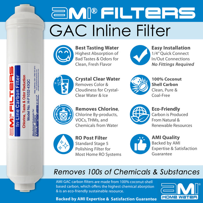 AMI In-Line Carbon Filter for Water Filtration | 2.5" Dia. x 10" Length | 1/4" Quick Connect