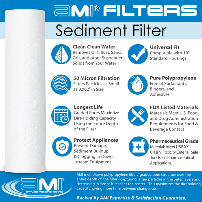 10" Sediment Water Filter | 50 Micron Filtration Rating | Melt-Blown Polypropylene Depth Filter