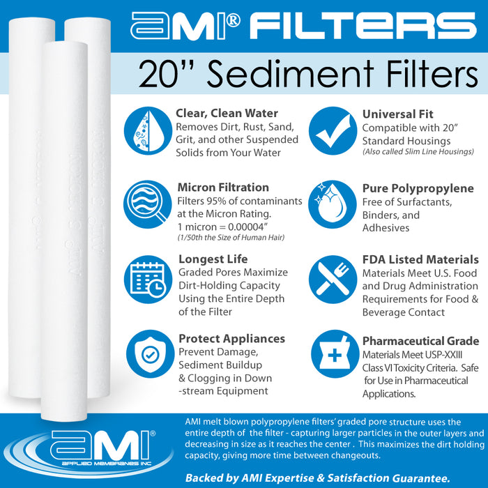 20" Sediment Water Filter | 1 Micron Filtration Rating | Melt-Blown Polypropylene Depth Filter