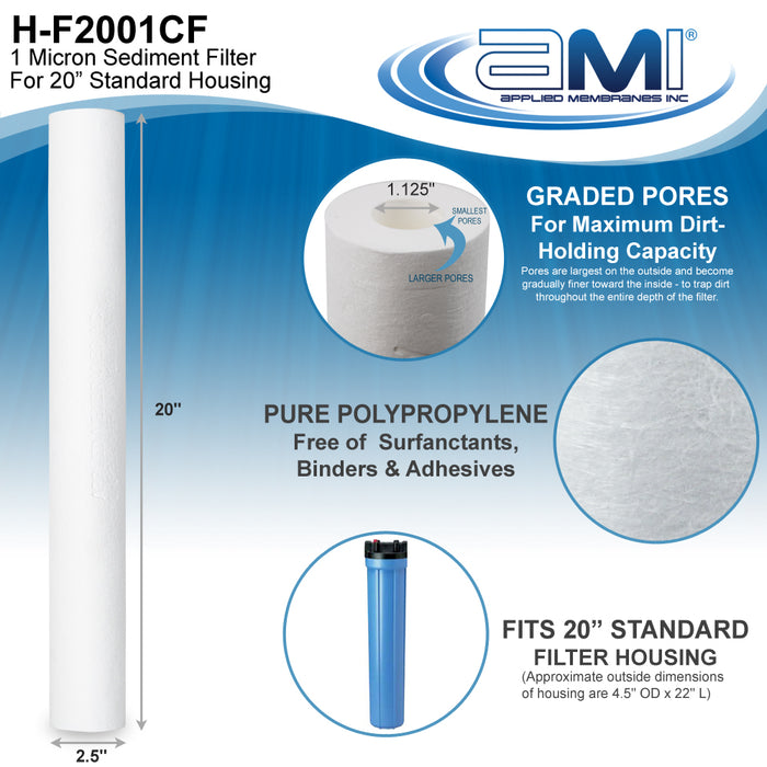 20" Sediment Water Filter | 1 Micron Filtration Rating | Melt-Blown Polypropylene Depth Filter