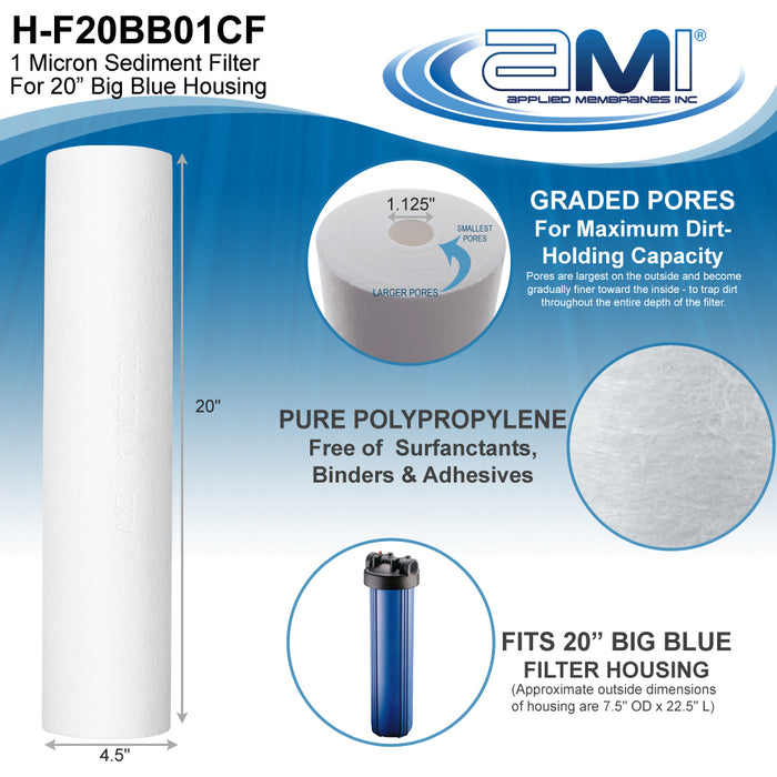 20" Big Blue Sediment Water Filter | 1 Micron Filtration Rating | Melt-Blown Polypropylene Depth Filter