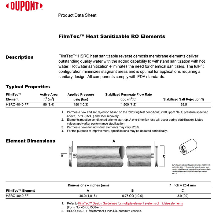 4"x40" | Full-Fit | Heat-Sanitizable | 2,400 GPD | FilmTec RO