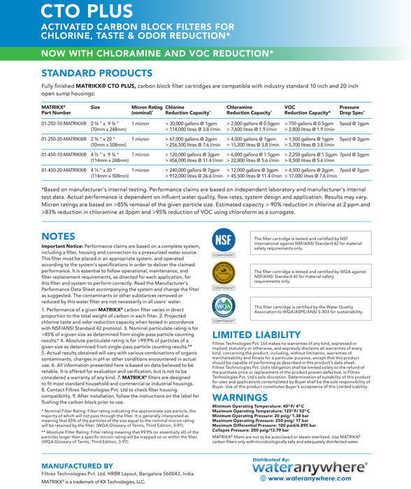 2.5" x 10" | KX MATRIKX CTO PLUS Carbon Block Filter | 1 Micron | Fits 10" Standard Housing