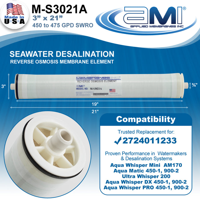 3"x21" | 450 gpd | Seawater RO Membrane for Sea Recovery Watermaker | Replaces 2724011233