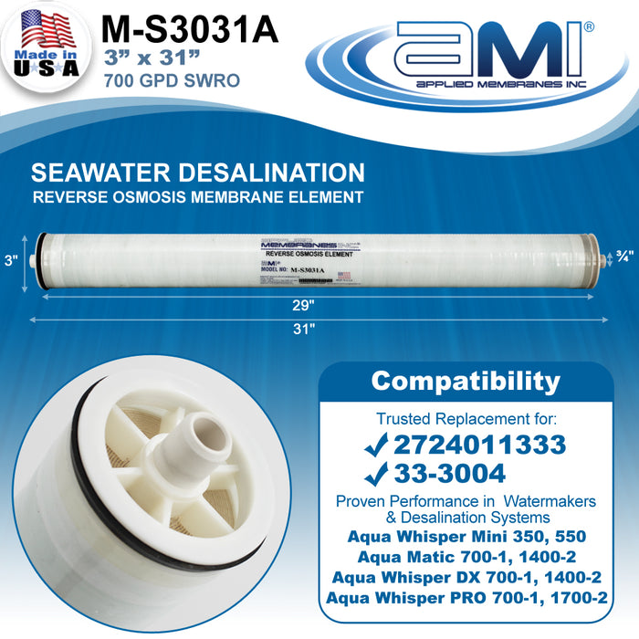 3"x31" | 700 gpd | Seawater RO Membrane for Sea Recovery Watermaker | Replaces 2724011333 & 33-3004 (M-S3031B)