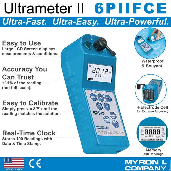 Myron L Ultrameter II 6PFCE Water Tester for Conductivity, Resistivity, TDS, ORP, Free Chlorine, pH, and Temperature