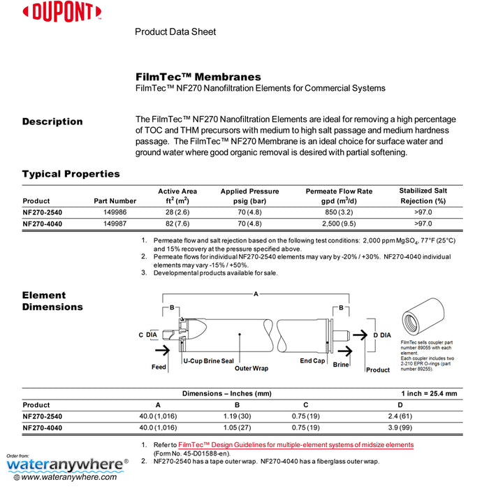 2.5"x40" | DuPont FilmTec NF270 Nanofiltration Membrane | Medium Hardness Passage