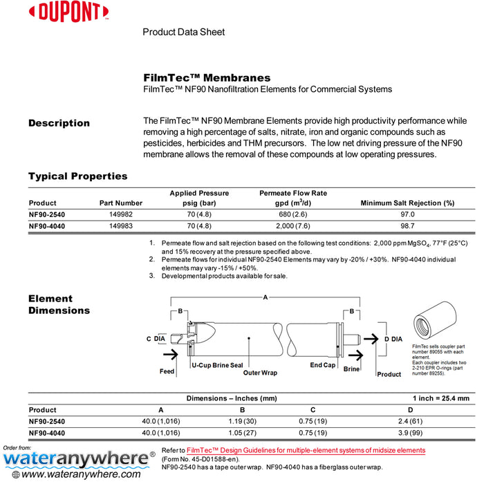 2.5"x40" | DuPont FilmTec N90 Nanofiltration Membrane Element | High rejection