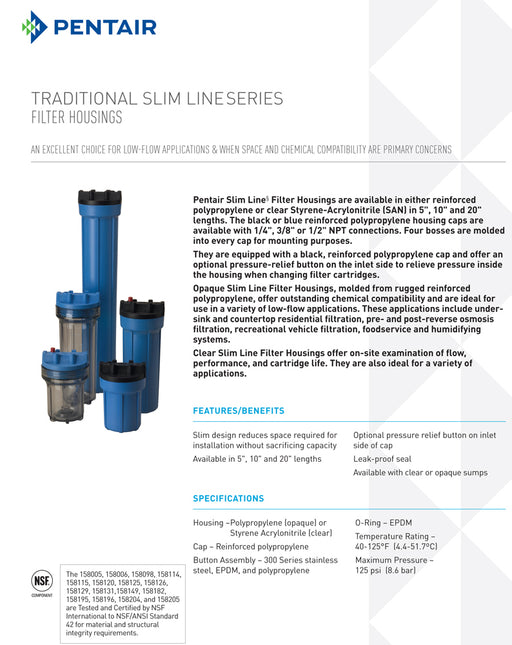 #10 Slim Line Water Filter Housing | 1/2" FNPT In/Out Connections | Blue with Black Cap | For 10" Standard Water Filter Cartridge | Pentair Pentek