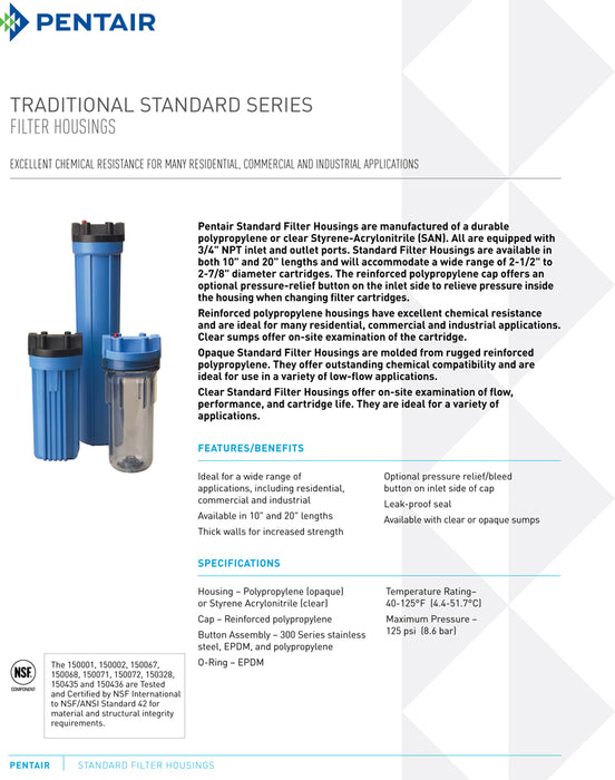 #20 Standard Filter Housing |  3/4" FNPT | With Pressure Relief | Fits 20" Standard Water Filter | Pentair Pentek