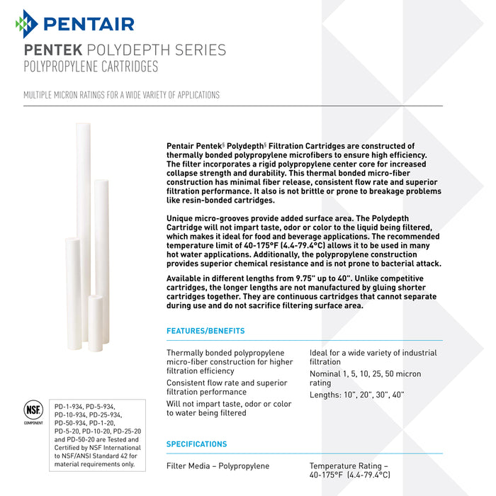 Pentek PD-5-934 | 5 Micron | 10" Standard | Pentair Water Sediment Filter Cartridge