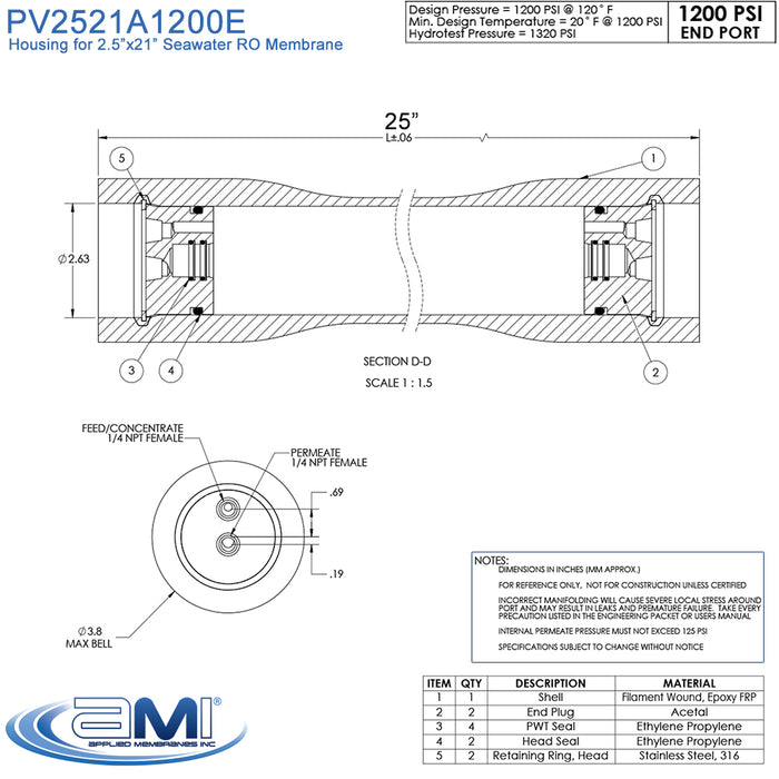 2.5" x 21" Fiberglass/FRP Seawater Membrane Housing Pressure Vessel for Watermaker