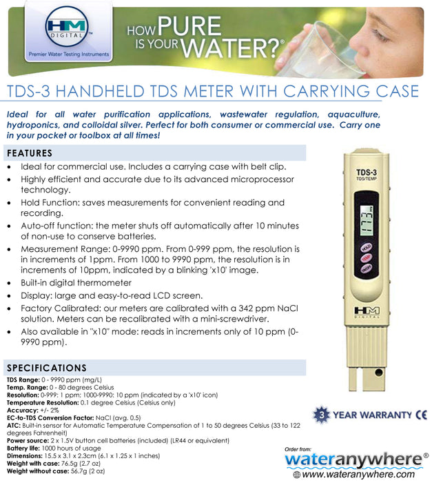 Ds Meter HM Digital TDS-3 TDS Meter | Tests 0-9990 ppm Total Dissolved Solids in ...