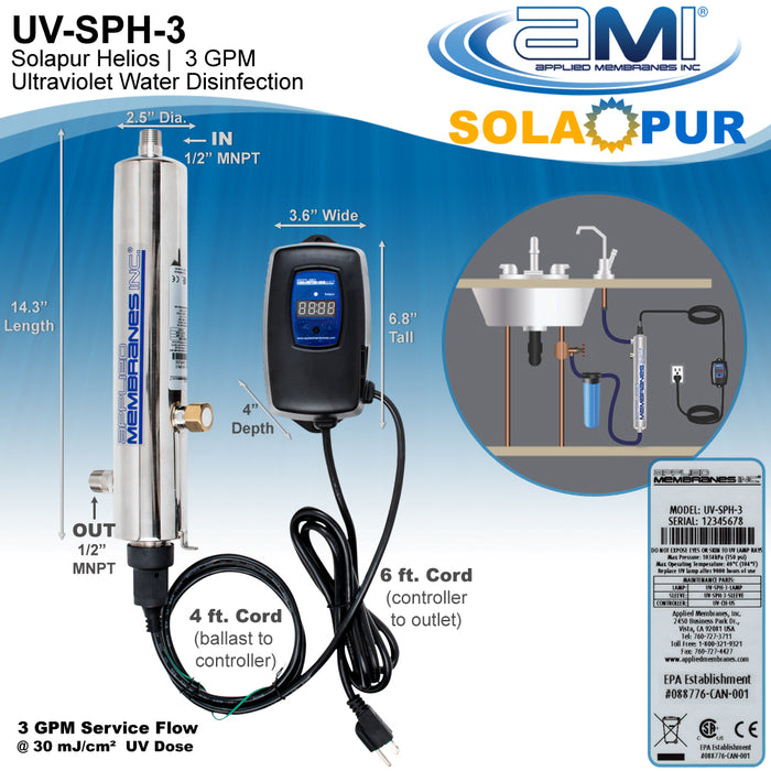 3 GPM Ultraviolet Disinfection Water Treatment System | Single-Tap Point-of-Use UV | Solapur