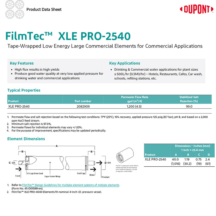 2.5"x40" | 1200 GPD | Extra-Low Energy 125 psi | Tape Wrap | FilmTec Membrane | Replaces XLE-2540