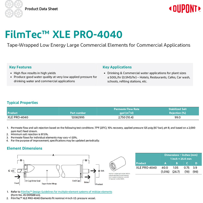 4"x40" | 2,750 GPD | Low Energy | Tape Wrap | FilmTec Membrane | Replaces XLE-4040