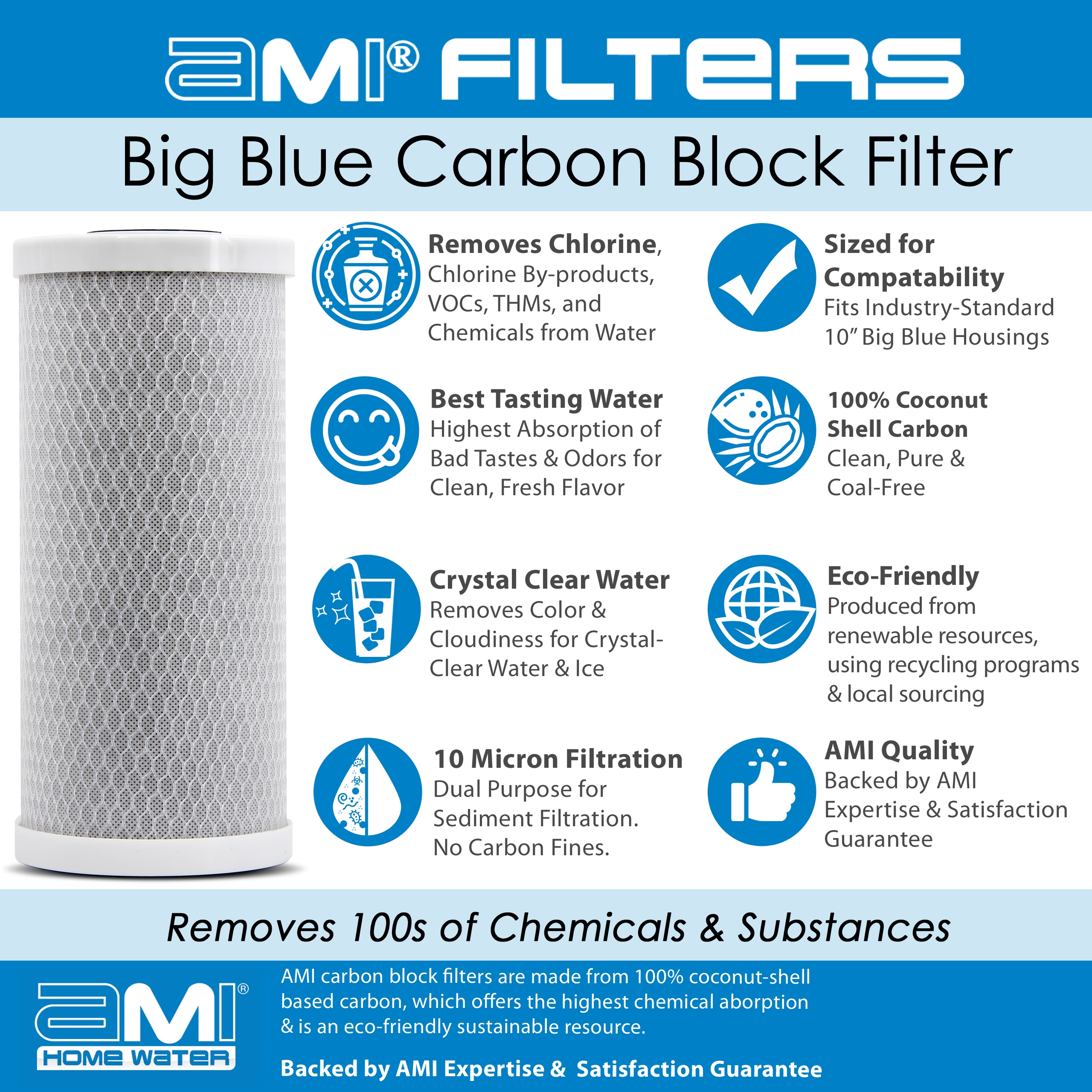 10" Big Blue | Carbon Block Filter Cartridge | Chlorine, Taste, Odor Water Filter | 4.25" x 10" | AMI